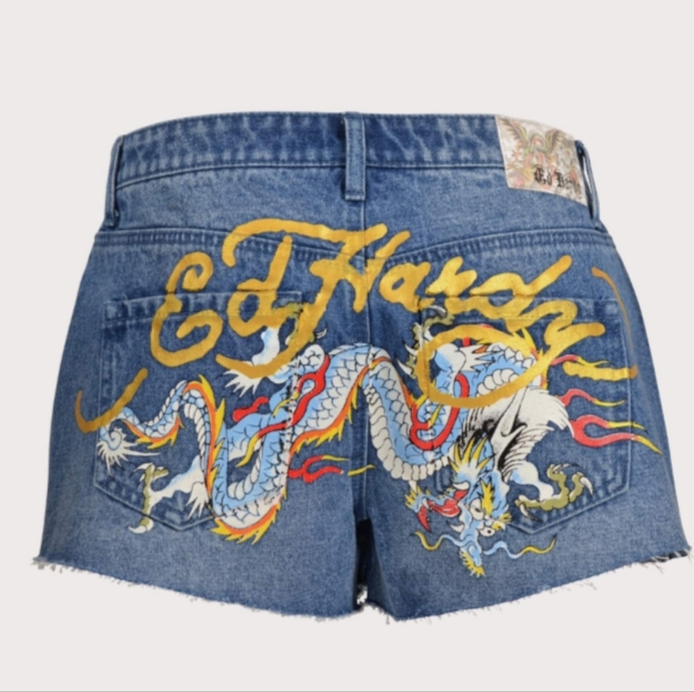 New Ed Hardy Dragon Denim Shorts Mid Rise Size 26